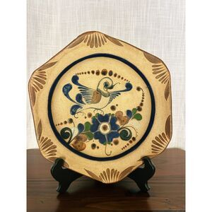 Vintage Mexican Tonala Folk Art Stoneware Wall Hanging Plate Bird Flower Motif